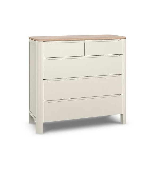 Lot 16  
            Marchington SR11 - Delivery or Collection 

                
OAK FURNITURELAND OTTO SMOKED OAK FINISH AND CASHMERE PAINTED 5 DRAWER CHEST ORIG...