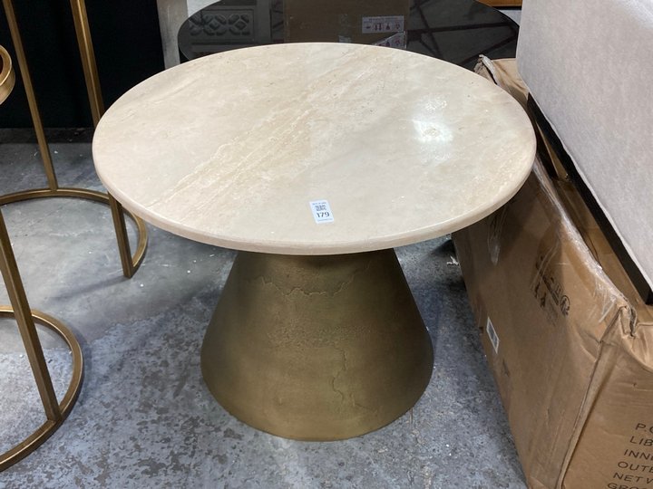 Lot 179  
            Marchington SR11 - Delivery or Collection 

                
CLIFTON II SMALL ROUND COFFEE TABLE IN NATURAL TRAVERTINE AND BRASS FINISH - ORIG...