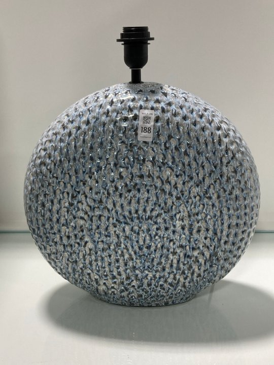 Lot 188  
            Marchington SR11 - Collection 

                
(COLLECTION ONLY) LUGGO RIBBED CERAMIC TABLE LAMP IN LIGHT BLUE/WHITE - ORIGINAL ...
