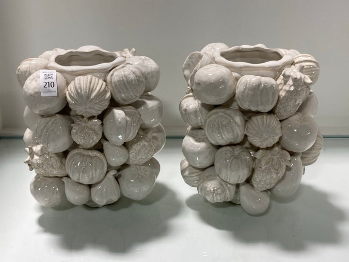 Lot 210  
            Marchington SR11 - Collection 

                
(COLLECTION ONLY) 2 X REACTIVE GLAZED STYLE DECORATIVE VASES IN WHITE FRUIT DESIG...