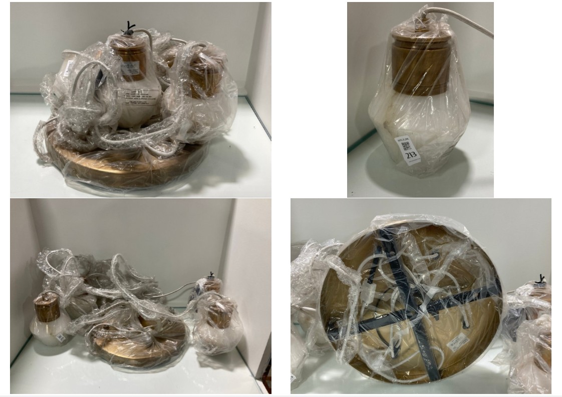 Lot 213  
            Marchington SR11 - Collection 

                
(COLLECTION ONLY) MODERN STYLE 4 LIGHT CEILING PENDANT LIGHT IN BRASS WHITE FROST...