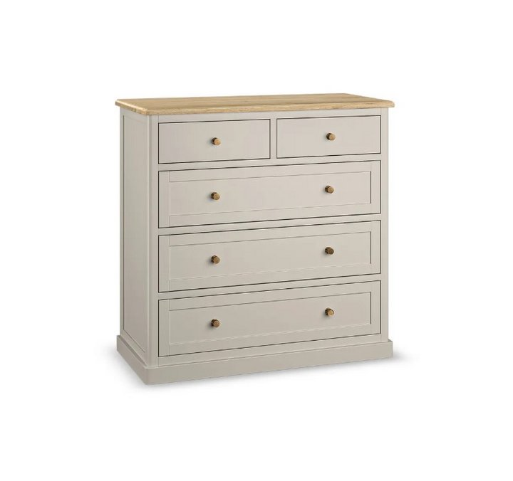 Lot 22  
            Marchington SR11 - Delivery or Collection 

                
OAK FURNITURELAND HENLEY NATURAL OAK AND STONE PAINTED HARDWOOD 5 DRAWER CHEST OR...