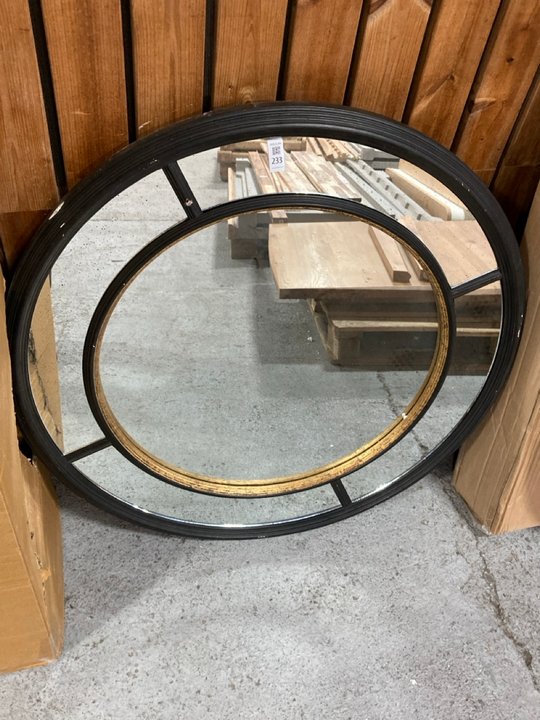 Lot 233  
            Marchington SR11 - Collection 

                
(COLLECTION ONLY) LARGE ROUND CONTEMPORARY STYLE WALL MIRROR IN BLACK AND AGED BR...
