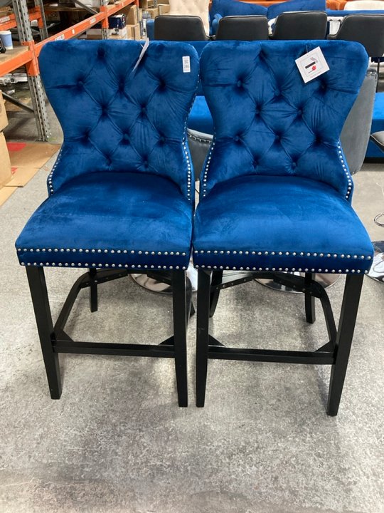 Lot 246  
            Marchington SR11 - Delivery or Collection 

                
PAIR OF DREAMS INTERIORS BUTTON BACK STYLE BAR CHAIRS IN DEEP BLUE PLUSH VELVET A...