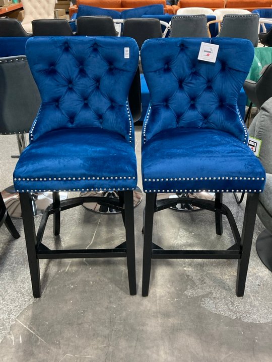 Lot 247  
            Marchington SR11 - Delivery or Collection 

                
PAIR OF DREAMS INTERIORS BUTTON BACK STYLE BAR CHAIRS IN DEEP BLUE PLUSH VELVET A...