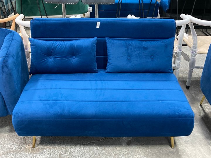 Lot 269  
            Marchington SR11 - Delivery or Collection 

                
DREAMS INTERIORS MEDIUM 2 SEATER FUTON STYLE FOLD OUT SOFA BED IN DEEP BLUE PLUSH...