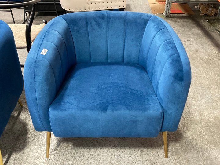 Lot 271  
            Marchington SR11 - Delivery or Collection 

                
DREAMS INTERIORS SHELL STYLE ACCENT ARMCHAIR IN DEEP BLUE PLUSH VELVET AND POLISH...