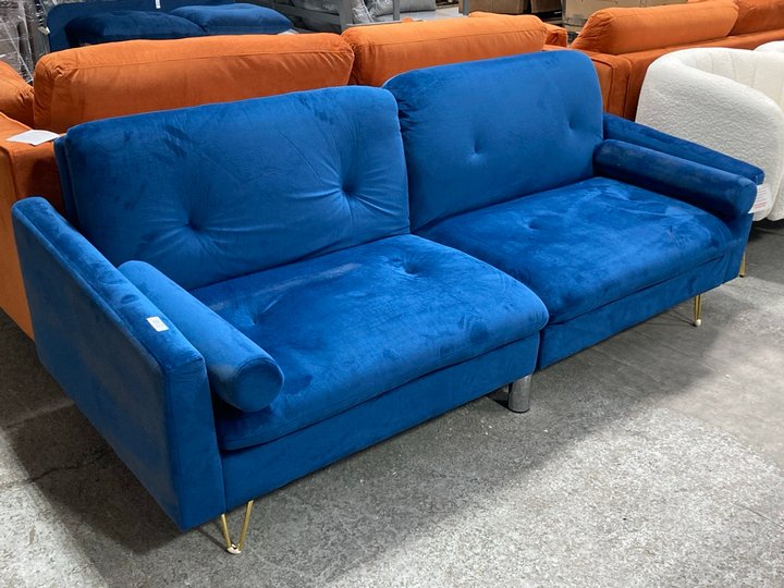 Lot 272  
            Marchington SR11 - Delivery or Collection 

                
DREAMS INTERIORS LARGE 3 SEATER MODERN STYLE SOFA IN DEEP BLUE PLUSH VELVET AND P...