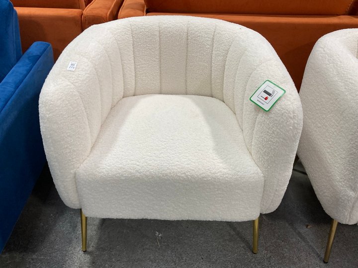 Lot 273  
            Marchington SR11 - Delivery or Collection 

                
DREAMS INTERIORS SHELL STYLE ACCENT ARMCHAIR IN IVORY BOUCLE STYLE FABRIC AND POL...