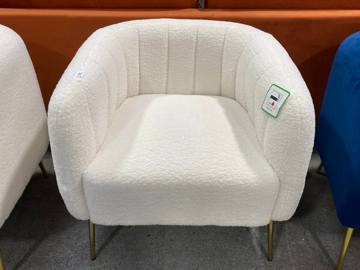 Lot 274  
            Marchington SR11 - Delivery or Collection 

                
DREAMS INTERIORS SHELL STYLE ACCENT ARMCHAIR IN IVORY BOUCLE STYLE FABRIC AND POL...