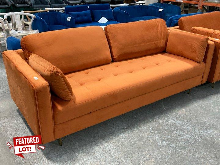 Lot 276  
            Marchington SR11 - Delivery or Collection 

                
DREAMS INTERIORS LARGE MODERN STYLE 3 SEATER SOFA IN BURNT ORANGE PLUSH VELVET AN...