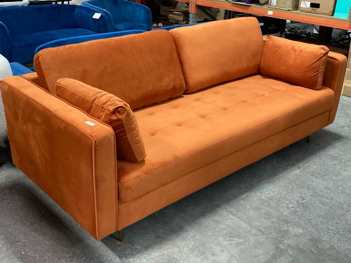 Lot 277  
            Marchington SR11 - Delivery or Collection 

                
DREAMS INTERIORS LARGE MODERN STYLE 3 SEATER SOFA IN BURNT ORANGE PLUSH VELVET AN...