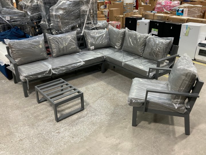 Lot 283  
            Marchington SR11 - Delivery or Collection 

                
DREAMS OUTDOOR LARGE 5 SEATER GARDEN CORNER SOFA SET WITH ARMCHAIR AND COFFEE TAB...