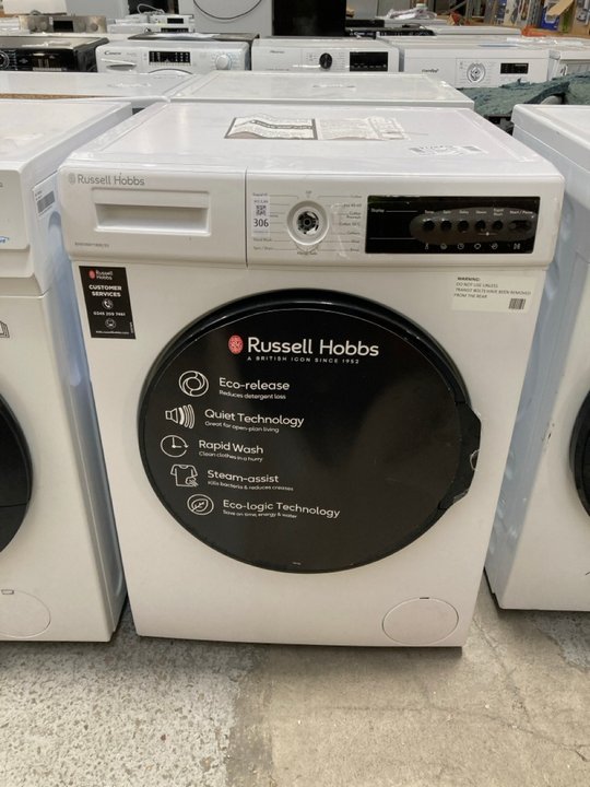 Lot 306  
            Marchington SR11 - Delivery or Collection 

                
RUSSELL HOBBS 9KG FREESTANDING WASHING MACHINE MODEL : RH914W116W - ORIGINAL RRP ...