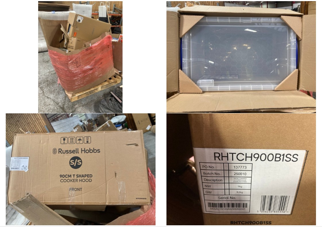 Lot 433  
            Marchington SR11 - Delivery or Collection 

                
PALLET OF ASSORTED ITEMS TO INCLUDE RUSSELL HOBBS 90CM T SHAPED COOKER HOOD IN ST...
