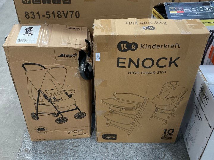 Lot 459  
            Marchington SR11 - Delivery or Collection 

                
HAUCK SPORT PUSHCHAIR TO INCLUDE KINDERKRAFT ENOCK HIGH CHAIR 3IN1: LOCATION - C5