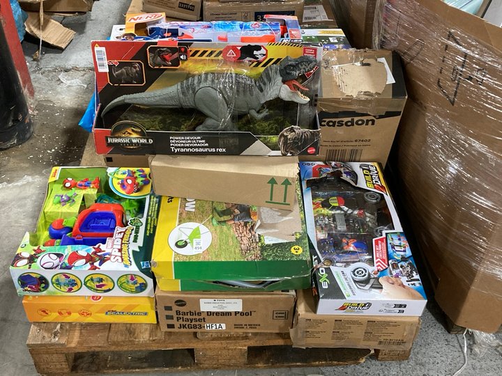 Lot 494  
            Marchington SR11 - Delivery or Collection 

                
PALLET OF ASSORTED CHILDRENS TOYS TO INCLUDE JURASSIC WORLD TYRANNOSAURUS REX TOY...