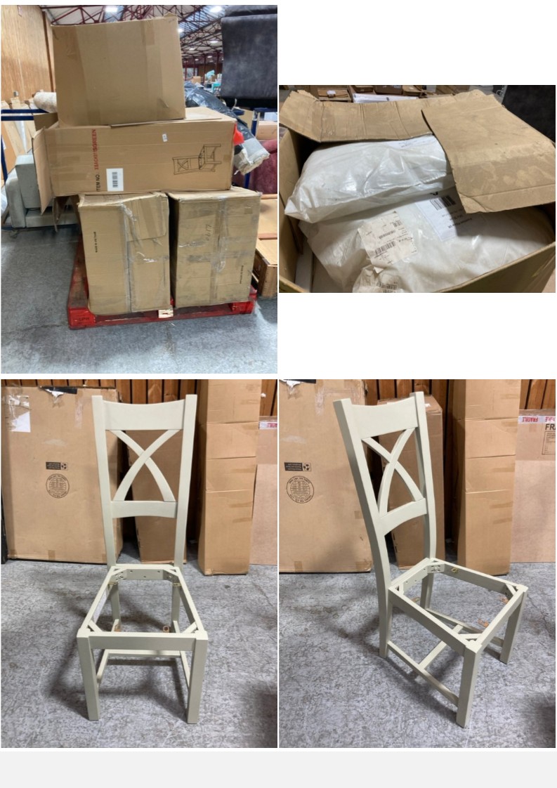 Lot 598  
            Marchington SR11 - Delivery or Collection 

                
PALLET OF ASSORTED FURNITURE ITEMS TO INCLUDE XBACK DINING CHAIR FRAMES IN SOFT G...