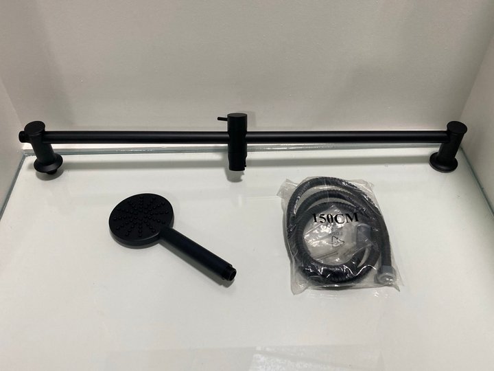 Lot 1106  
            Marchington SR19 - Delivery or Collection 

                
BLACK SHOWER SLIDE RAIL KIT WITH HANDSET & HOSE: LOCATION - RACKING 3