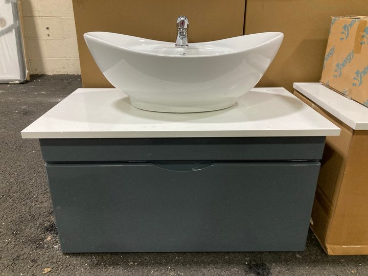 Lot 110  
            Marchington SR19 - Delivery or Collection 

                
WALL HUNG 1 DRAWER COUNTER TOP SINK UNIT IN GLOSS GREY & WHITE 800 X 460MM WITH A...