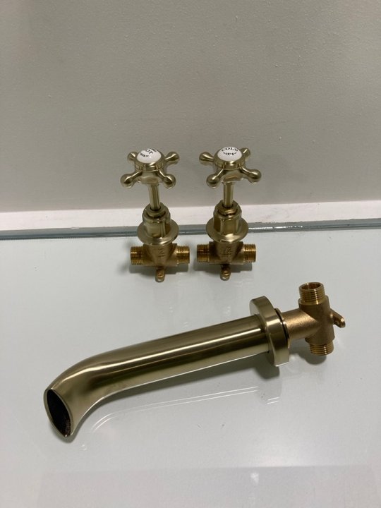 Lot 1116  
            Marchington SR19 - Delivery or Collection 

                
PAIR OF WALL MOUNTED STOP TAPS IN BRUSHED BRASS WITH SPOUT - ORIGINAL RRP £245: L...