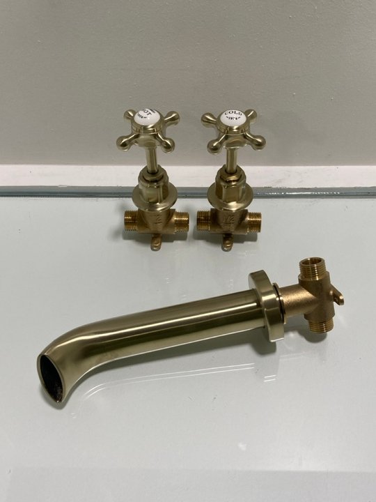 Lot 1117  
            Marchington SR19 - Delivery or Collection 

                
PAIR OF WALL MOUNTED STOP TAPS IN BRUSHED BRASS WITH SPOUT - ORIGINAL RRP £245: L...