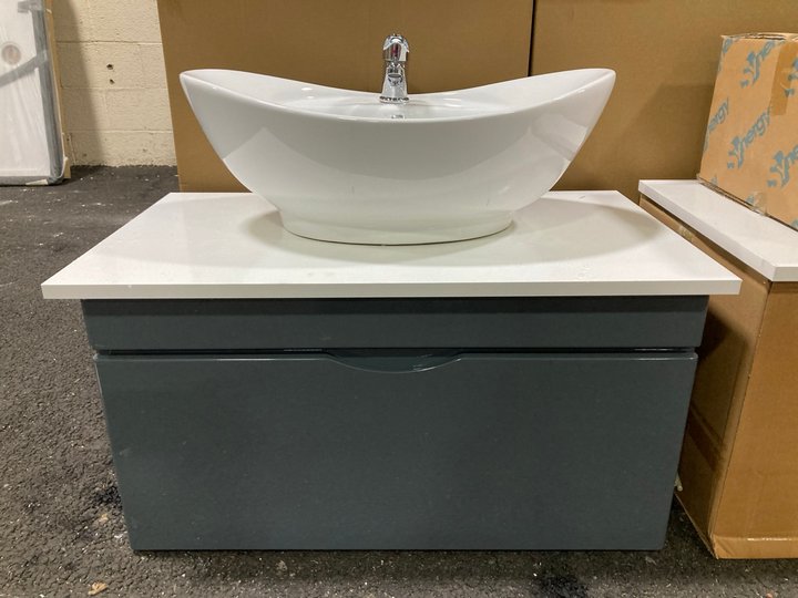 Lot 111  
            Marchington SR19 - Delivery or Collection 

                
WALL HUNG 1 DRAWER COUNTER TOP SINK UNIT IN GLOSS GREY & WHITE 800 X 460MM WITH A...