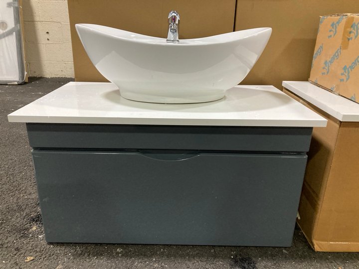 Lot 112  
            Marchington SR19 - Delivery or Collection 

                
WALL HUNG 1 DRAWER COUNTER TOP SINK UNIT IN GLOSS GREY & WHITE 800 X 460MM WITH A...