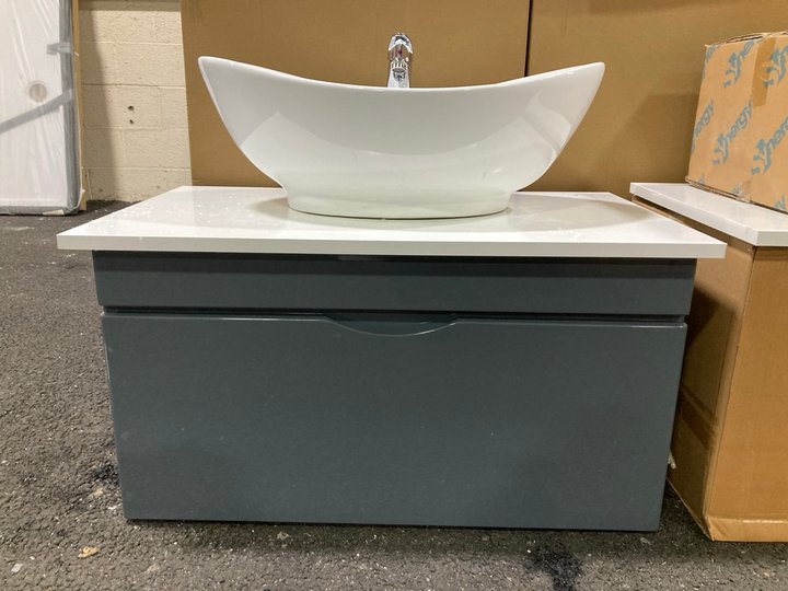 Lot 113  
            Marchington SR19 - Delivery or Collection 

                
WALL HUNG 1 DRAWER COUNTER TOP SINK UNIT IN GLOSS GREY & WHITE 800 X 460MM WITH A...