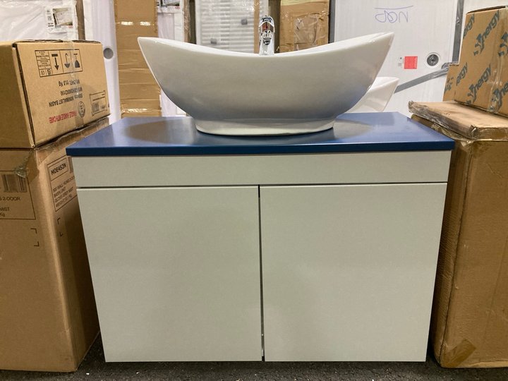 Lot 122  
            Marchington SR19 - Delivery or Collection 

                
WALL HUNG 2 DOOR COUNTER TOP SINK UNIT IN GLOSS GREY MIST & SATIN BLUE 805 X 390M...