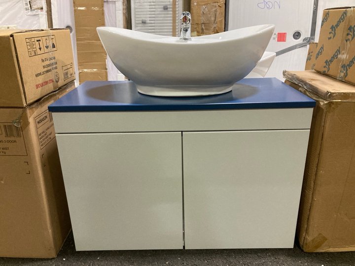 Lot 123  
            Marchington SR19 - Delivery or Collection 

                
WALL HUNG 2 DOOR COUNTER TOP SINK UNIT IN GLOSS GREY MIST & SATIN BLUE 805 X 390M...