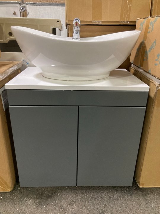 Lot 126  
            Marchington SR19 - Delivery or Collection 

                
WALL HUNG 2 DOOR COUNTER TOP SINK UNIT IN GLOSS GREY & WHITE 600 X 400MM WITH A 1...