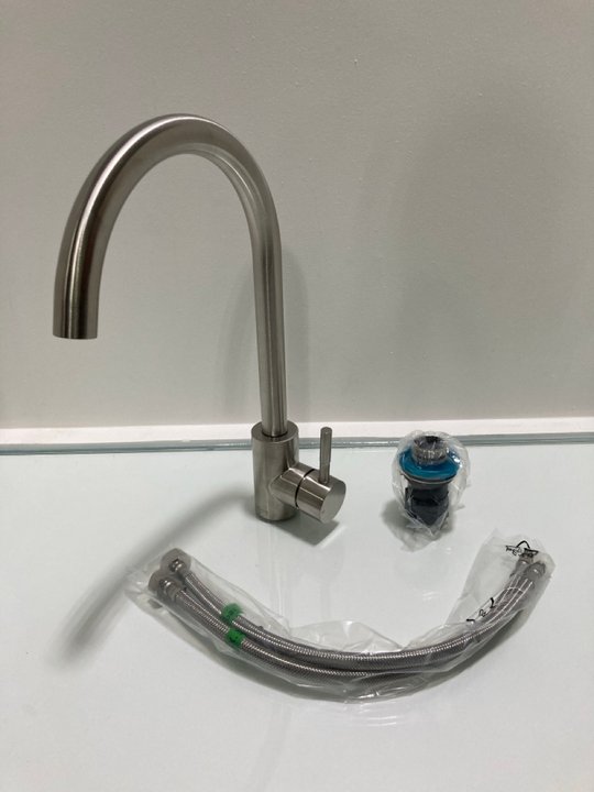 Lot 324  
            Marchington SR19 - Delivery or Collection 

                
MONO KITCHEN SINK MIXER TAP IN BRUSHED STAINLESS STEEL WITH SWIVEL SPOUT - ORIGIN...
