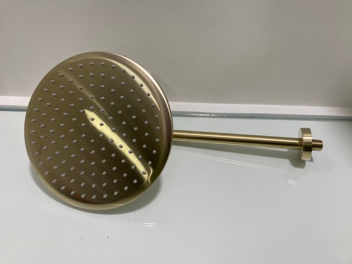 Lot 330  
            Marchington SR19 - Delivery or Collection 

                
240MM DIAM FIXED SHOWER HEAD IN BRUSHED BRASS WITH WALL MOUNTED ARM - ORIGINAL RR...