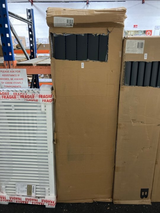 Lot 414  
            Marchington SR19 - Delivery or Collection 

                
BLACK VERTICAL LOUVRE STYLE ALUMINIUM RADIATOR 1800 X 565MM - ORIGINAL RRP £279: ...