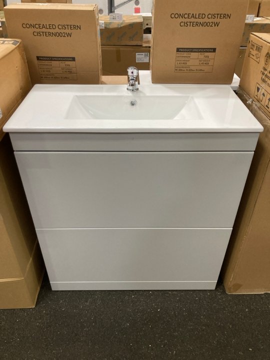 Lot 48  
            Marchington SR19 - Delivery or Collection 

                
FLOOR STANDING 2 DRAWER SINK UNIT IN GLOSS GREY MIST WITH A 810 X 400MM 1TH CERAM...