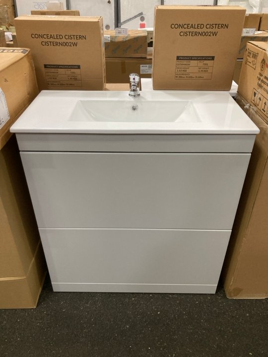 Lot 49  
            Marchington SR19 - Delivery or Collection 

                
FLOOR STANDING 2 DRAWER SINK UNIT IN GLOSS GREY MIST WITH A 810 X 400MM 1TH CERAM...