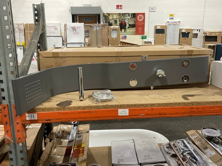 Lot 540  
            Marchington SR19 - Delivery or Collection 

                
THERMOSTATIC SHOWER PANEL IN GREY WITH FIXED SHOWER HEAD, 4 BODY JETS, PENCIL STY...
