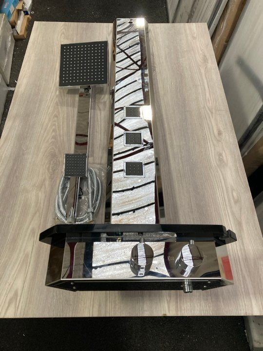 Lot 582  
            Marchington SR19 - Delivery or Collection 

                
THERMOSTATIC CORNER SHOWER PANEL IN CHROME WITH BLACK SHELF, SQUARE FIXED SHOWER ...