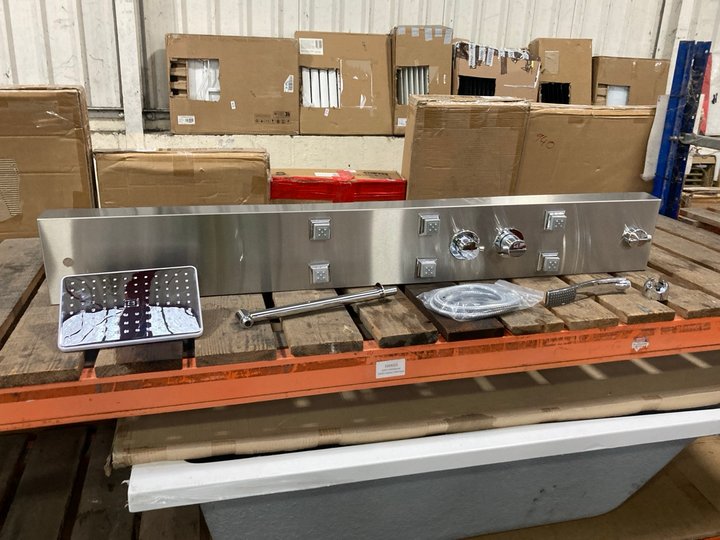 Lot 590  
            Marchington SR19 - Delivery or Collection 

                
THERMOSTATIC SHOWER PANEL IN BRUSHED STAINLESS STEEL WITH FIXED SHOWER HEAD, 6 BO...