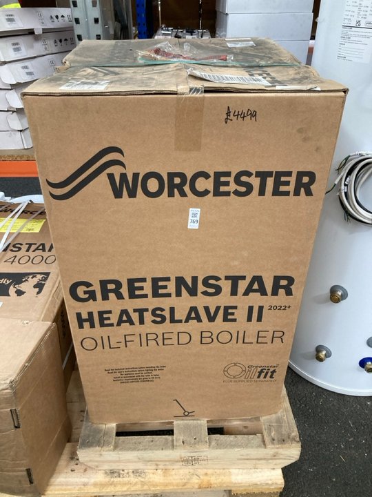 Lot 769  
            Marchington SR19 - Collection 

                
(COLLECTION ONLY) WORCESTER GREENSTAR HEATSLAVE 2 18/25 2022+ FLOOR STANDING OIL ...
