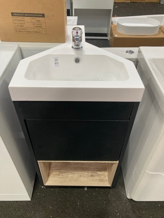 Lot 855  
            Marchington SR19 - Collection 

                
(COLLECTION ONLY) FLOOR STANDING 1 DOOR WITH OPEN SHELF CORNER SINK UNIT IN BLACK...