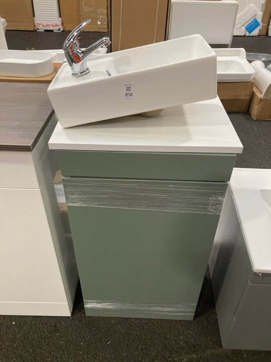 Lot 858  
            Marchington SR19 - Collection 

                
(COLLECTION ONLY) FLOOR STANDING 1 DOOR COUNTER TOP SINK UNIT IN VIRIDIAN & WHITE...