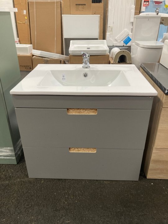 Lot 859  
            Marchington SR19 - Collection 

                
(COLLECTION ONLY) WALL HUNG 2 DRAWER SINK UNIT IN LIGHT GREY WITH A 610 X 470MM 1...