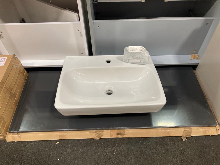 Lot 877  
            Marchington SR19 - Collection 

                
(COLLECTION ONLY) GLOSS ANTHRACITE 1210 X 465MM COUNTER TOP COMPLETE WITH A VITRA...