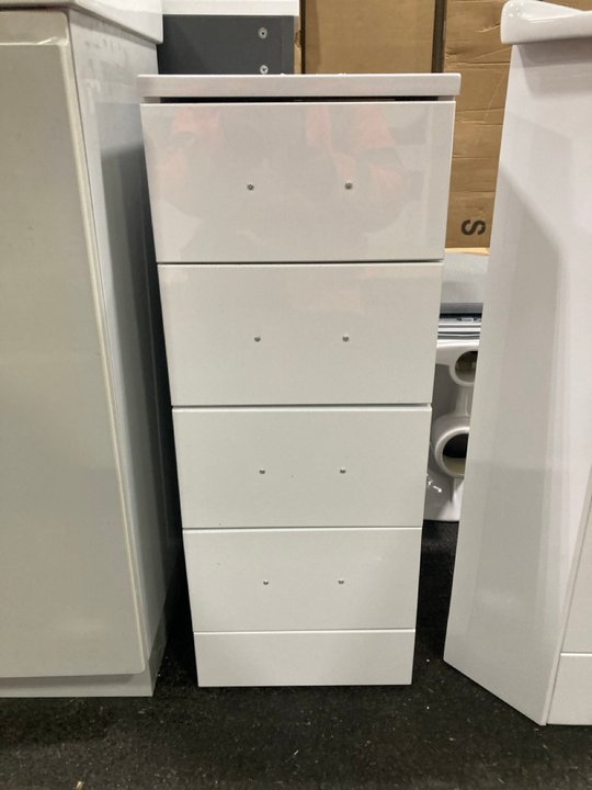 Lot 903  
            Marchington SR19 - Collection 

                
(COLLECTION ONLY) FLOOR STANDING 4 DRAWER BATHROOM CABINET IN WHITE 300 X 330 X 7...