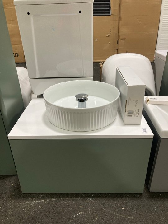 Lot 907  
            Marchington SR19 - Collection 

                
(COLLECTION ONLY) WALL HUNG 1 DRAWER COUNTER TOP SINK UNIT IN VIRIDIAN & WHITE 60...