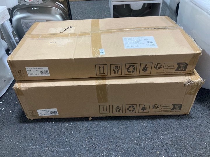 Lot 946  
            Marchington SR19 - Collection 

                
(COLLECTION ONLY) 2 X FLAT PACK VANITY BASE UNITS TO INCLUDE WHITE 400MM & 800MM ...