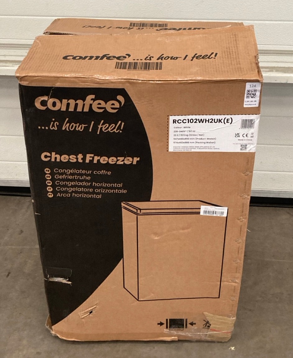 Lot 124  
            Edinburgh SR22 - Delivery Or Collection 

                
COMFEE' RCC102WH2UK(E) 99L FREESTANDING CHEST FREEZER, WITH FREEZING AND REFRIGER...