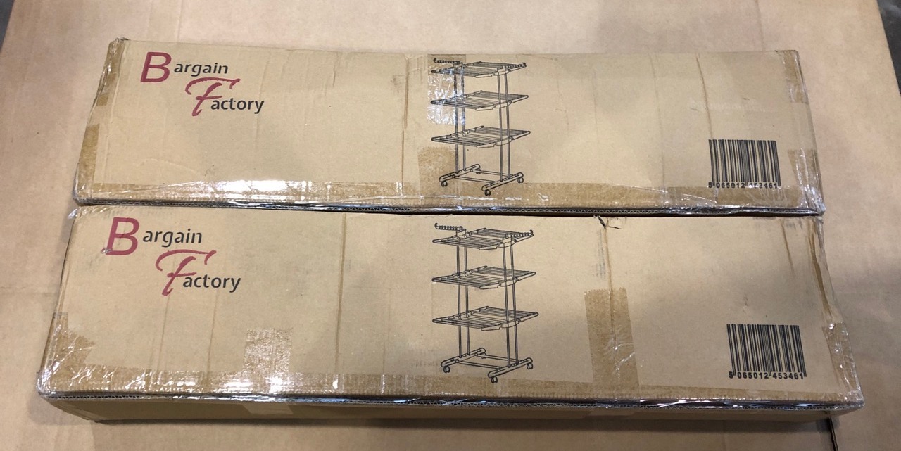 Lot 21  
            Edinburgh SR22 - Delivery Or Collection 

                
2 X BARGAIN FACTORY AIRER CLOTHES DRYING RACK,4-TIER GREY FOLDABLE CLOTHES HANGER...